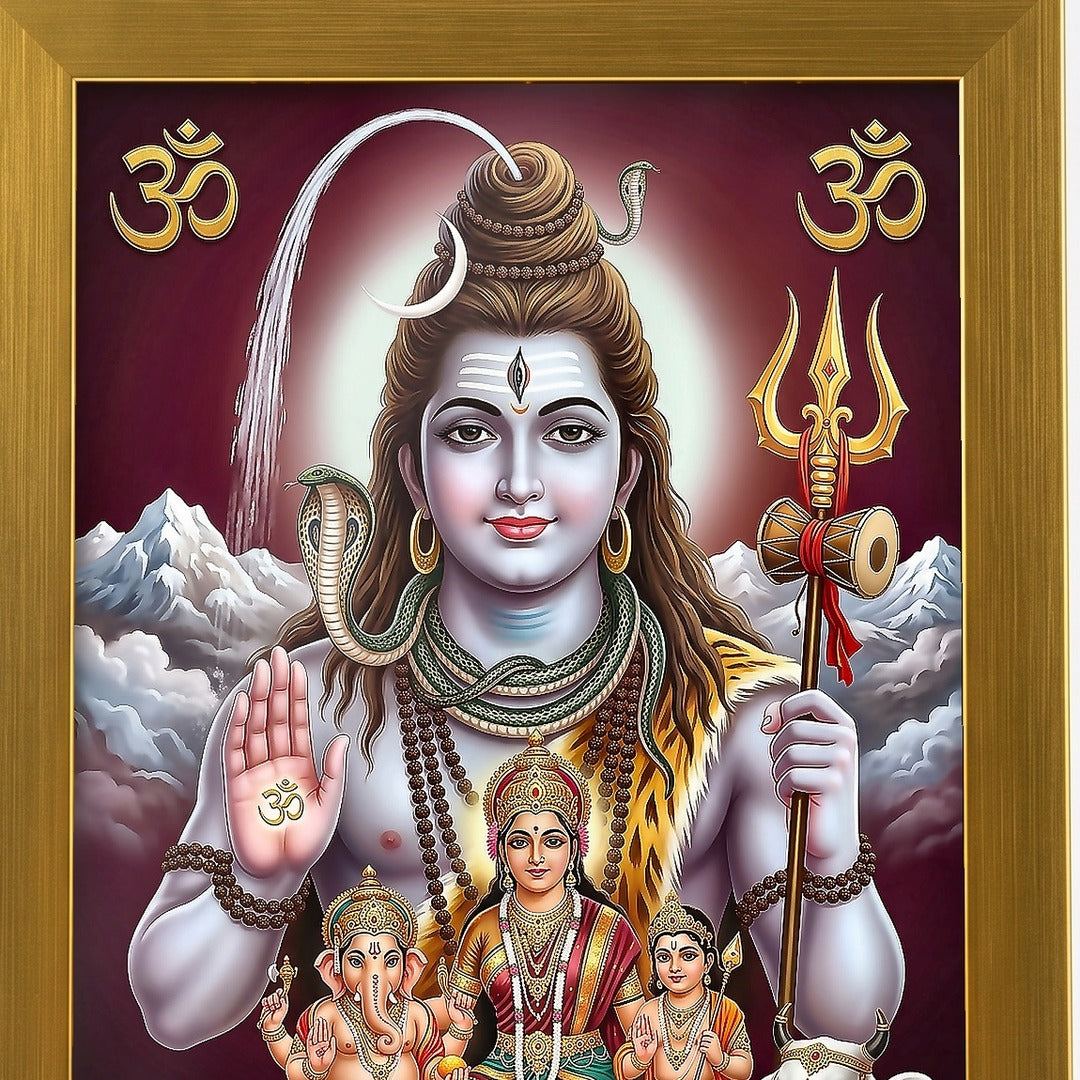 Shiv Parivar photo frame close-up of the artwork and brushed gold acrylic frame - Divine Sansar