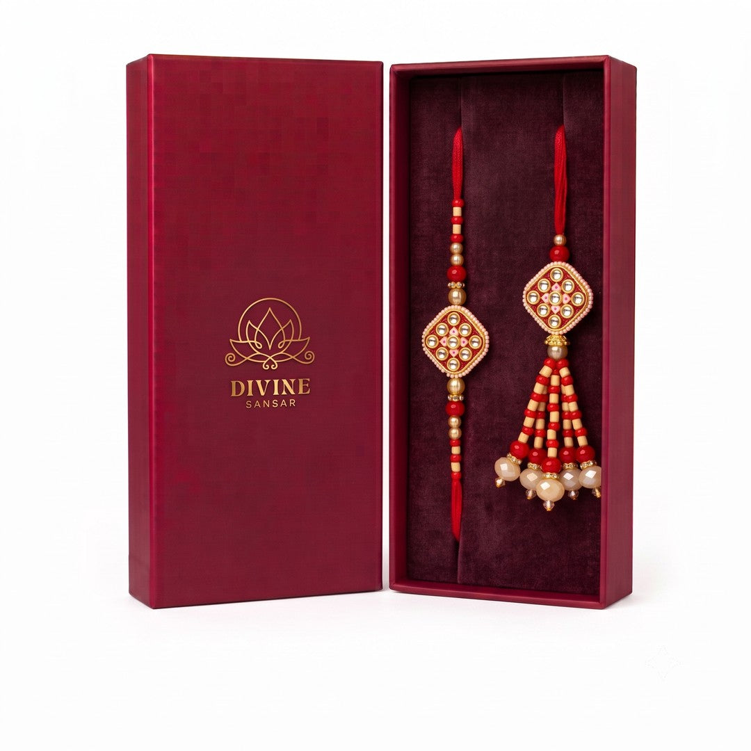 Sindoori Kundan Jodi red meenakari bhaiya bhabhi rakhi set in Divine Sansar gift box