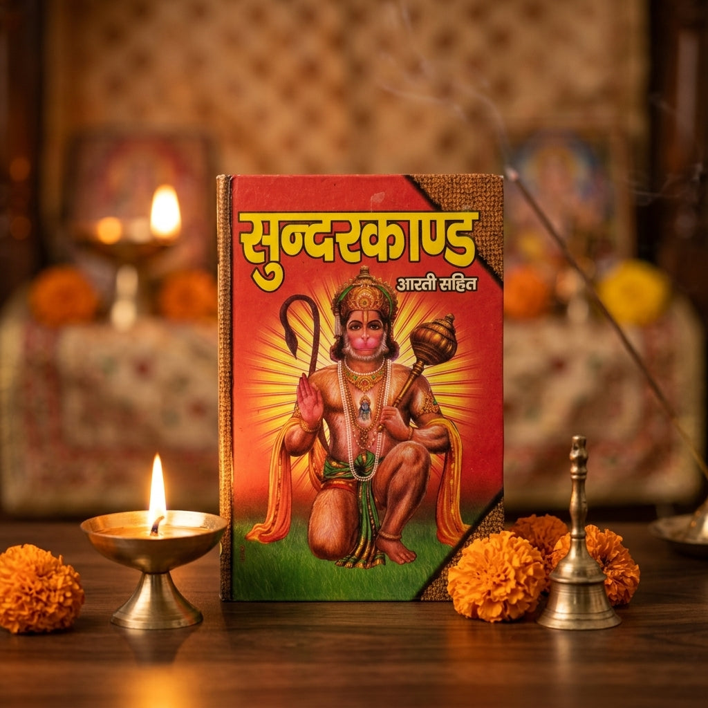 Sundarkand book on wooden puja altar with diya and marigold - Divine Sansar