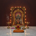 Tirupati Balaji A4 wooden photo frame in a home mandir with brass lamps and marigold - Divine Sansar