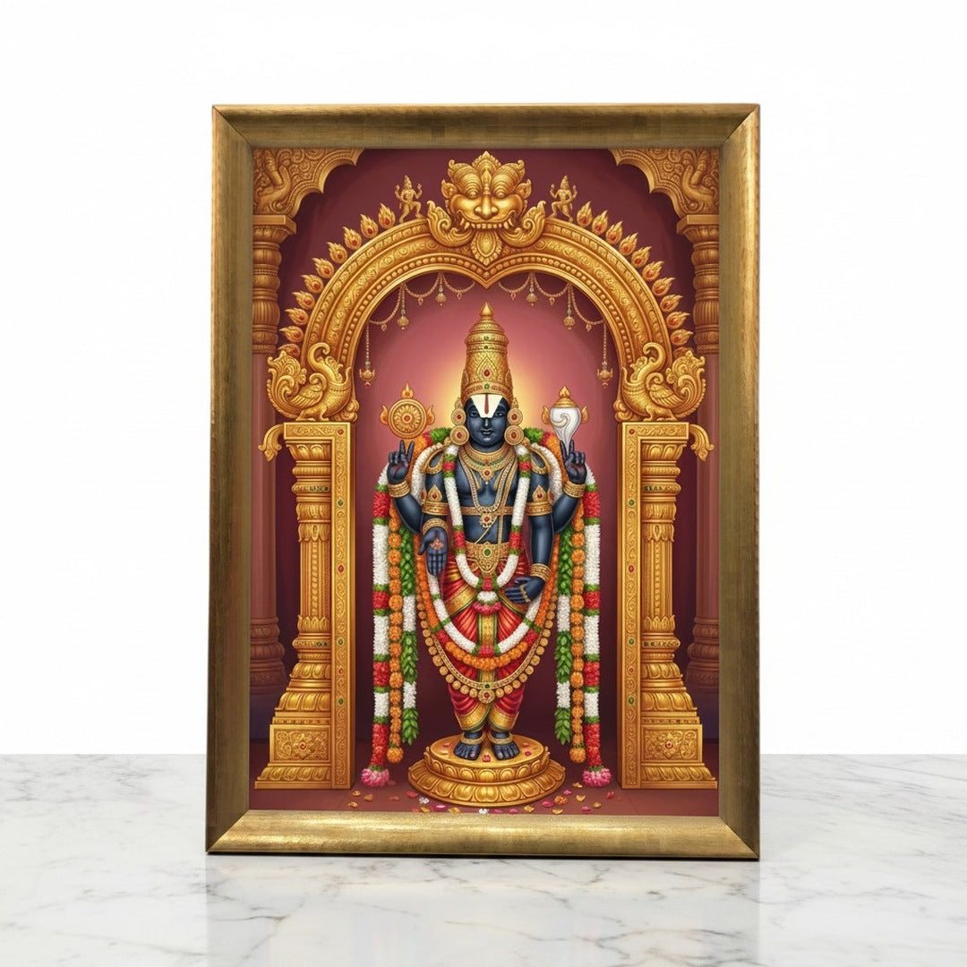 Tirupati Balaji Venkateswara photo frame A4 21 x 30 cm wooden golden frame - Divine Sansar