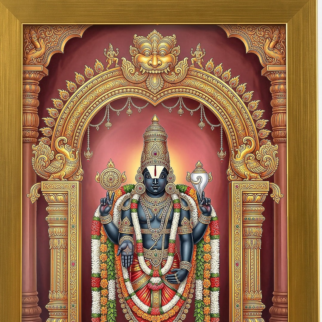 Tirupati Balaji Venkateswara photo frame close-up of the artwork and brushed gold acrylic frame - Divine Sansar