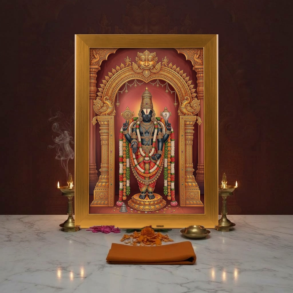 Tirupati Balaji gold acrylic photo frame on a home mandir pooja setup with diyas and flowers - Divine Sansar