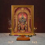 Tirupati Balaji gold acrylic photo frame on a home mandir pooja setup with diyas and flowers - Divine Sansar