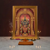 Tirupati Balaji gold acrylic photo frame on a home mandir pooja setup with diyas and flowers - Divine Sansar