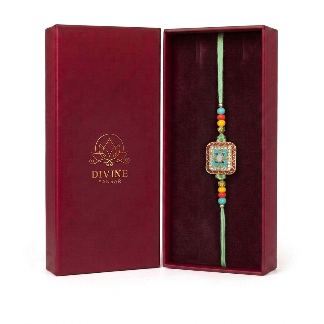Vanasri green meenakari rakhi in Divine Sansar gift box