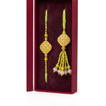 Green diamond meenakari rakhi and lumba set close up Divine Sansar