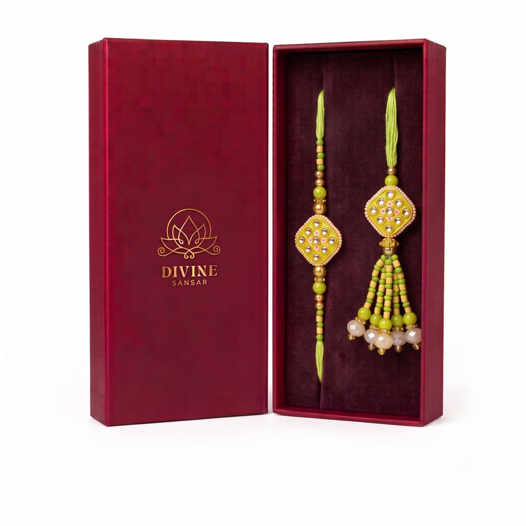 Vanasri Kundan Jodi green meenakari bhaiya bhabhi rakhi set in Divine Sansar gift box