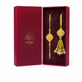 Vanasri Kundan Jodi green meenakari bhaiya bhabhi rakhi set in Divine Sansar gift box