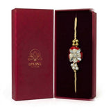 Red velvet flower rakhi with pearls in maroon gift box - Divine Sansar