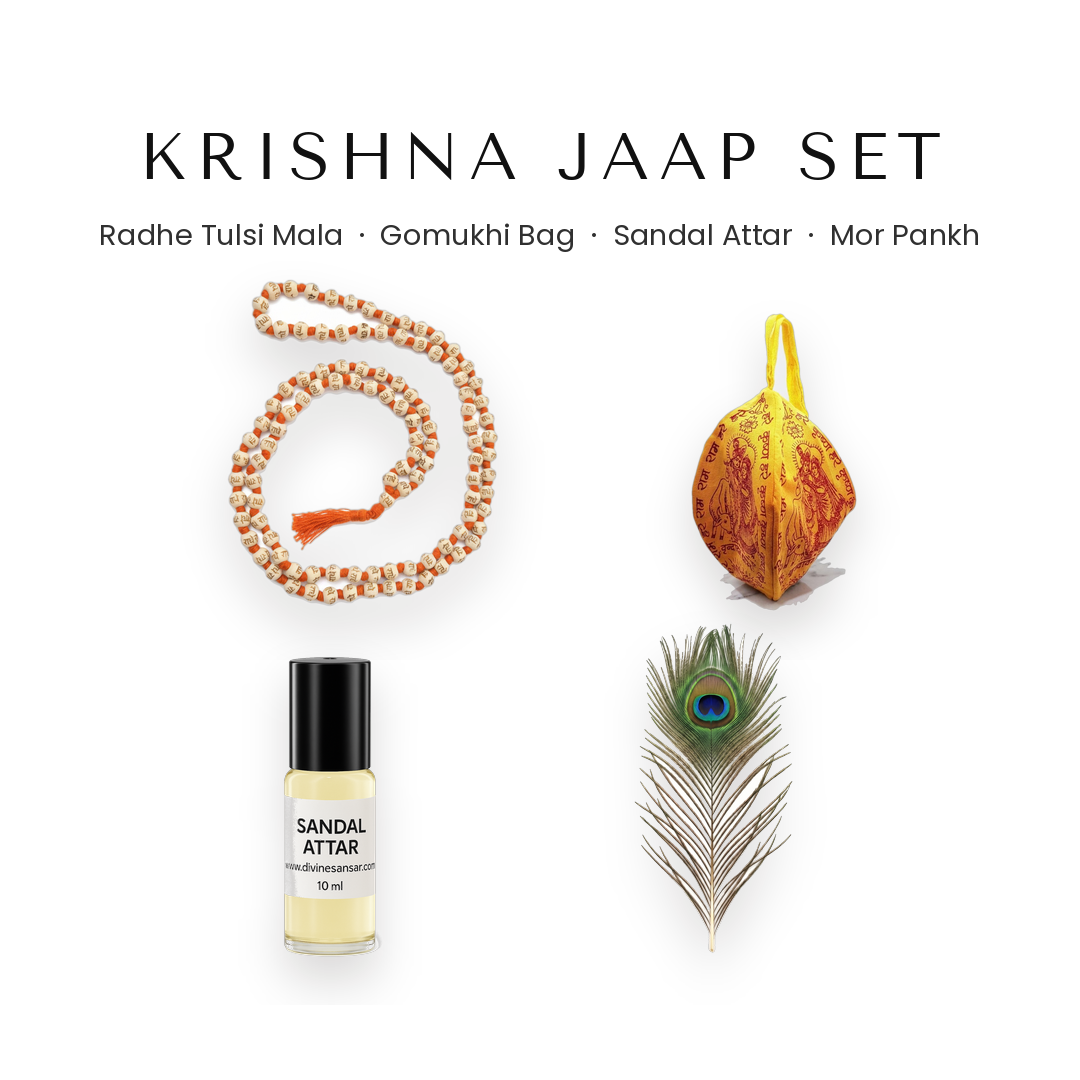Krishna Jaap Set with Radhe Tulsi mala, gomukhi bag, sandal attar and mor pankh - Divine Sansar UAE