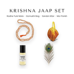 Krishna Jaap Set with Radhe Tulsi mala, gomukhi bag, sandal attar and mor pankh - Divine Sansar UAE
