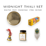 Midnight Thali Set with brass pooja thali, morpankh ghanti, chandan kesar, tika set and mor pankh - Divine Sansar UAE