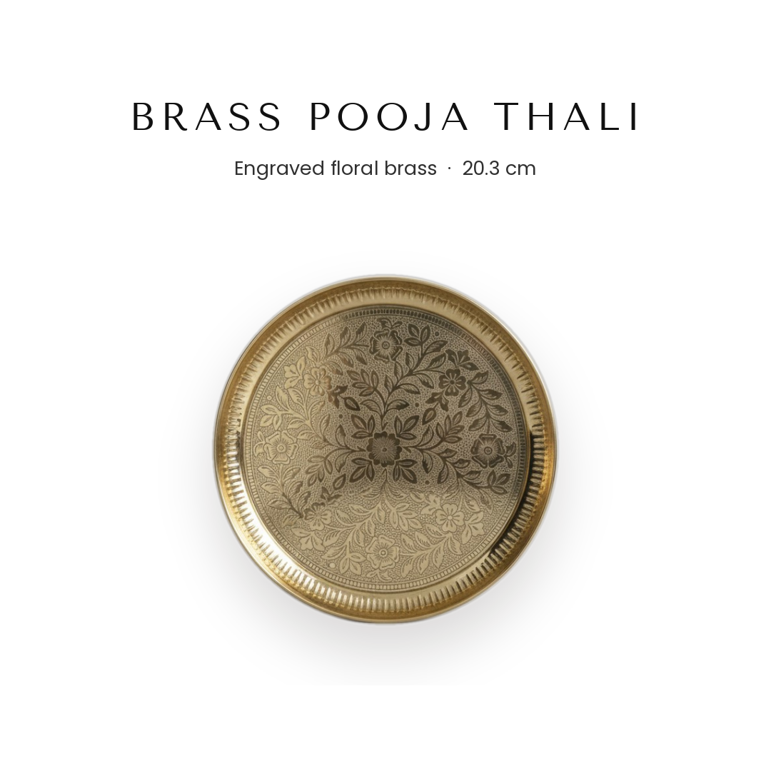 Brass pooja thali with engraved floral design, 20.3 cm aarti plate - Divine Sansar