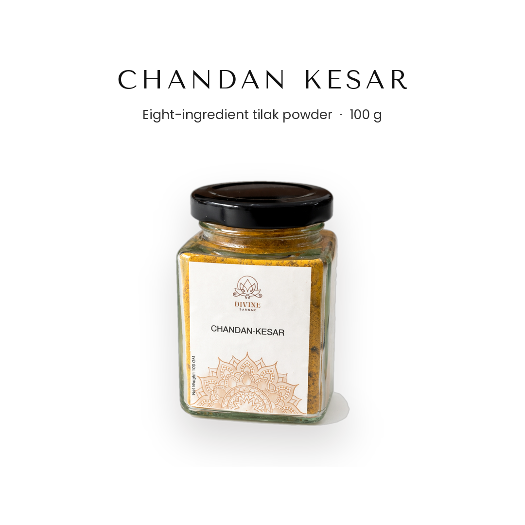 Chandan kesar 100g eight-ingredient tilak powder in a glass jar - Divine Sansar