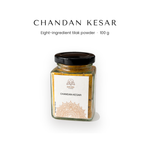 Chandan kesar 100g eight-ingredient tilak powder in a glass jar - Divine Sansar