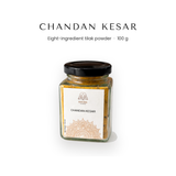 Chandan kesar 100g eight-ingredient tilak powder in a glass jar - Divine Sansar