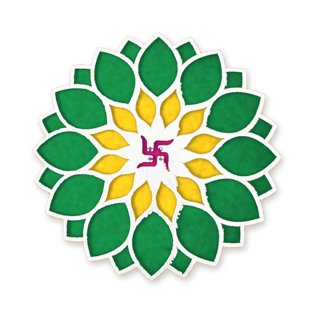 Swastik Samvatsar white rangoli board filled with green and yellow rangoli colour - Divine Sansar