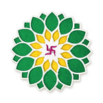 Swastik Samvatsar white rangoli board filled with green and yellow rangoli colour - Divine Sansar