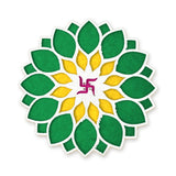 Swastik Samvatsar white rangoli board filled with green and yellow rangoli colour - Divine Sansar