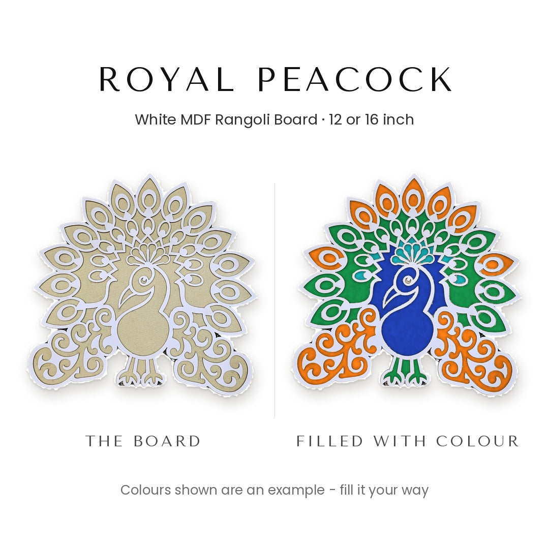 Royal Peacock white rangoli board shown blank and filled with colour - Divine Sansar