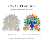 Royal Peacock white rangoli board shown blank and filled with colour - Divine Sansar