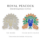 Royal Peacock white rangoli board shown blank and filled with colour - Divine Sansar