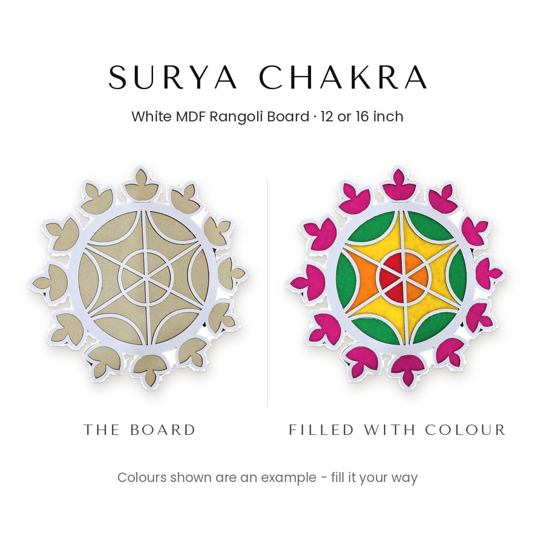 Surya Chakra white rangoli board shown blank and filled with colour - Divine Sansar