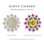 Surya Chakra white rangoli board shown blank and filled with colour - Divine Sansar