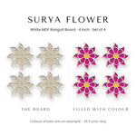 Surya Flower white rangoli board shown blank and filled with colour - Divine Sansar