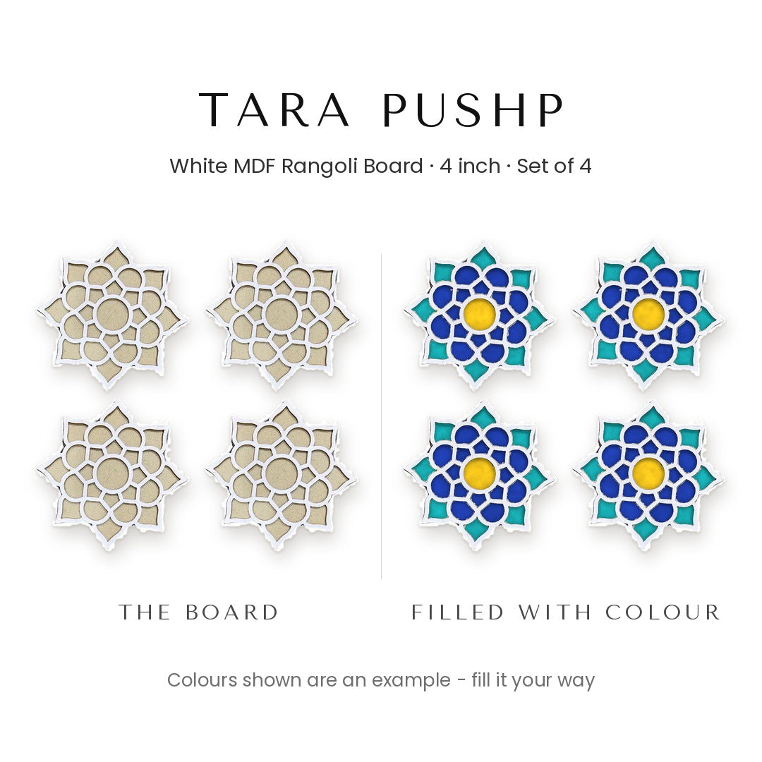 Tara Pushp white rangoli board shown blank and filled with colour - Divine Sansar