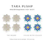 Tara Pushp white rangoli board shown blank and filled with colour - Divine Sansar
