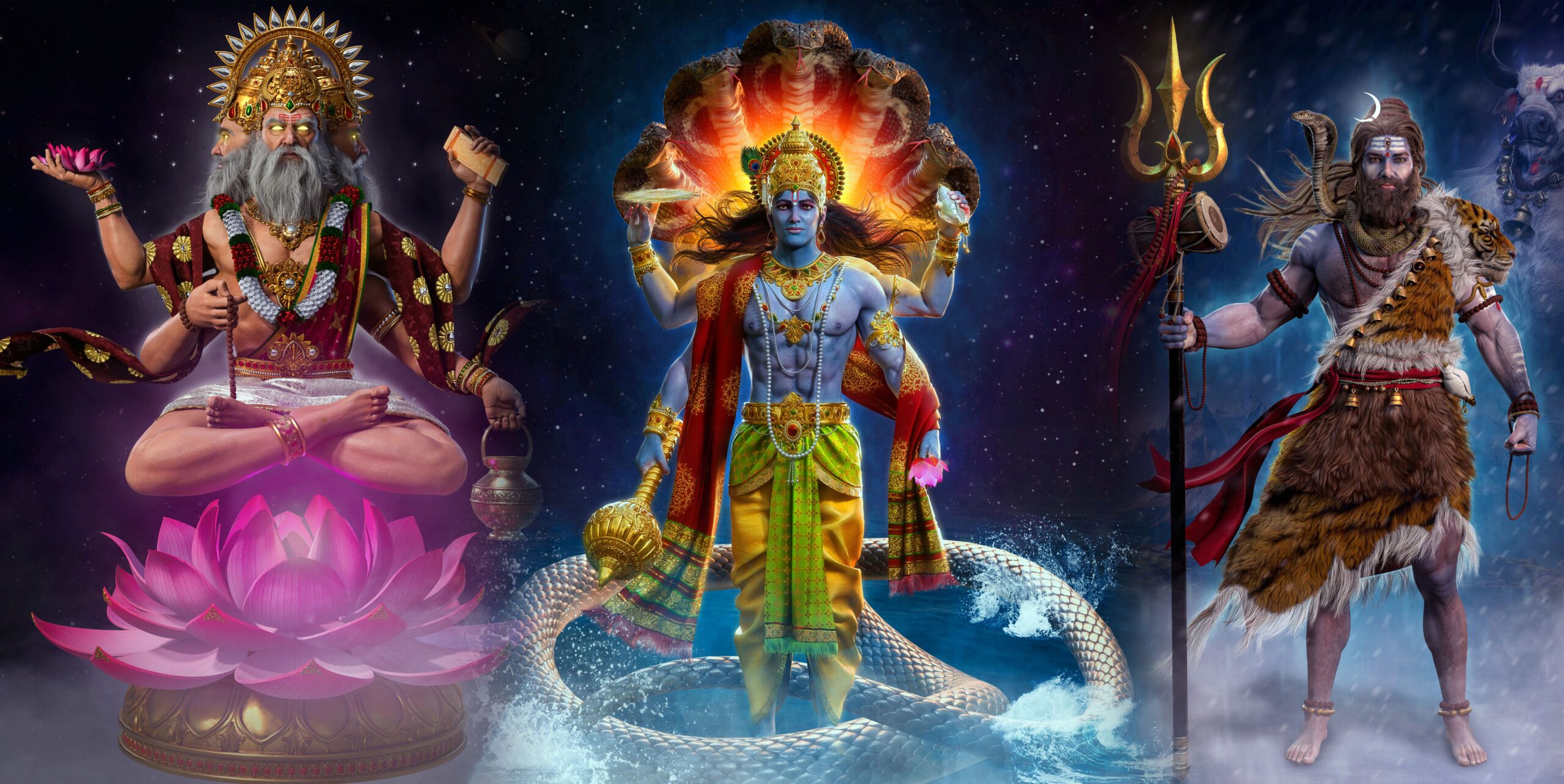 The concept of Trimurti - Brahma, Vishnu, and Shiva.