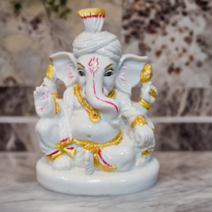 Ganesh Murti Porcelain - 8.5cm x 6.5cm White with Hand-Painted Golden Accent on Jewellery | Artistic Divine Statue